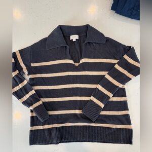 LOFT Navy and Cream Striped V-Neck Collared Sweater